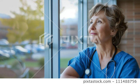 Contemplative Healthcare Professional Gazing Outside. Generative ai 111488756