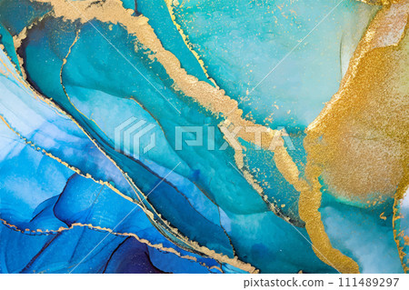 blue and gold alcohol ink art background material 111489297