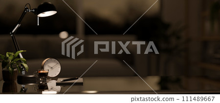 A space to display your product on a modern black desk in a contemporary dark living room at night. A space to display your product on a modern black desk in a contemporary dark living room at night. 111489667