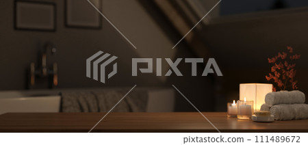 Display space for showcasing your product on a hardwood table in a modern, luxurious bathroom. 111489672