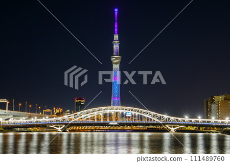 "Tokyo" Illuminated Tokyo Sky Tree and Shirahige Bridge / Night View 111489760