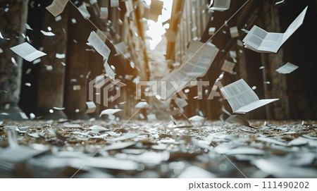 Books flying in the air,  The setting appears to be inside a library or a cathedral,  creating a sense of chaos and excitement. by Generative AI 111490202
