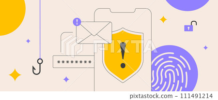 E-mail phishing, mobile fraud alert, scam malware notification concept. Protect from spam e-mail, hook trojan viruses and online threats. Vector isolated illustration on white background with icons E-mail phishing, mobile fraud alert, scam malware notification concept. Protect from spam e-mail, hook trojan viruses and online threats. Vector isolated illustration on white background with icons 111491214