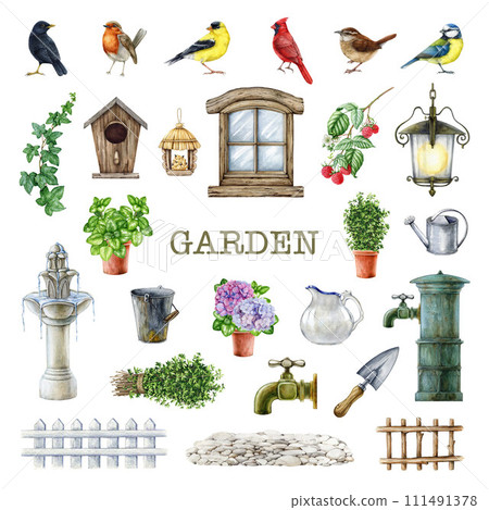 Vintage style village garden element set. Watercolor painted illustration. Hand drawn countryside garden elements. Fountain, flowers, plants, birds collection. Isolated on white background 111491378
