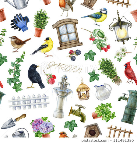 Vintage style village garden element seamless pattern. Watercolor painted illustration. Hand drawn countryside garden elements seamless pattern. Fountain, flowers, plants, fence, wild birds images 111491380