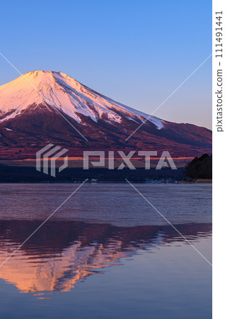 Upside-down Fuji reflected in Lake Yamanaka, Yamanashi Prefecture (Red Fuji in the early morning) Upside-down Fuji reflected in Lake Yamanaka, Yamanashi Prefecture (Red Fuji in the early morning) 111491441