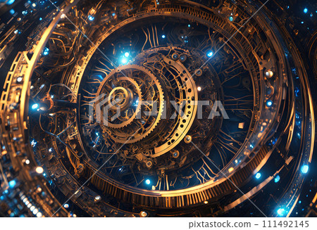 AI-generated content. A golden, sacred geometry dimension machine. 111492145