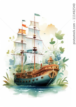 Pirate ships and sail in watercolor style on white background Created with Generative AI technology. Pirate ships and sail in watercolor style on white background Created with Generative AI technology. 111492540