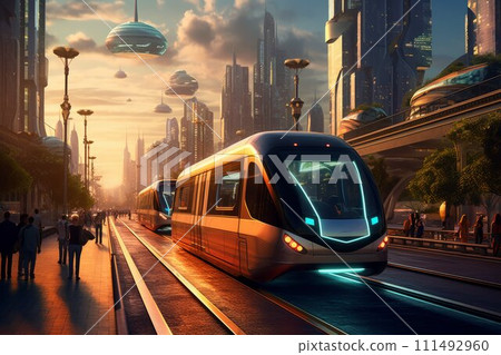 Conceptual of transportation with clean energy in the future Created with Generative AI technology. Conceptual of transportation with clean energy in the future Created with Generative AI technology. 111492960