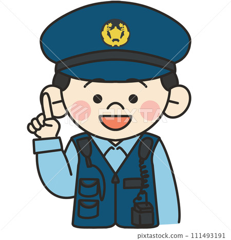 Illustration of a male police officer pointing and explaining Illustration of a male police officer pointing and explaining 111493191