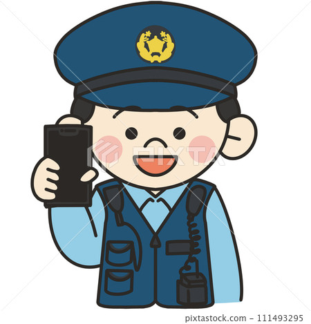 一名男警官拿著智慧型手機並解釋的插圖 111493295