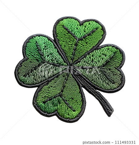 A green four leaf clover embroidered patch badge for st Patrick's day, isolated on transparent background. AI Generated 111493331