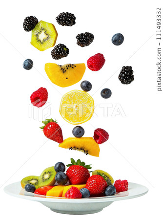 Fresh mixed fruits falling into a plate isolated on white transparent background. AI Generated 111493332