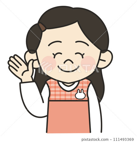 Illustration of a female childcare worker wearing an apron raising her hand Illustration of a female childcare worker wearing an apron raising her hand 111493369
