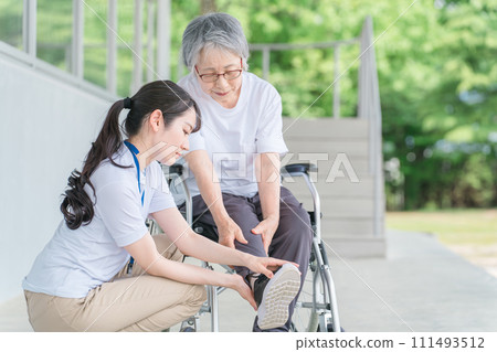 Elderly people and caregivers who rehabilitate while riding wheelchairs in nursing homes (knee/knee pain) 111493512