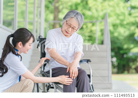 Elderly people and caregivers who rehabilitate while riding wheelchairs in nursing homes (knee/knee pain) 111493513