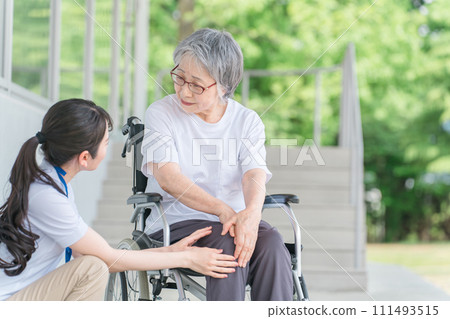 Elderly people and caregivers who rehabilitate while riding wheelchairs in nursing homes (knee/knee pain) Elderly people and caregivers who rehabilitate while riding wheelchairs in nursing homes (knee/knee pain) 111493515