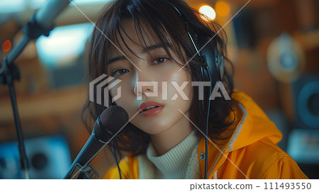 Artist singing in front of a computer 111493550
