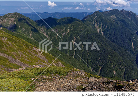 The ridgeline from Mt. Usadake to Mt. Osawa seen from Mt. Hijiri in the Southern Alps 111493575