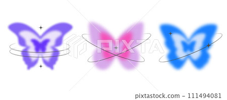 Y2k blurred butterfly. Gradient sticker element. Aesthetic groovy soft figure with glow. Aura trendy effect with orbits and sparkles on white background 111494081
