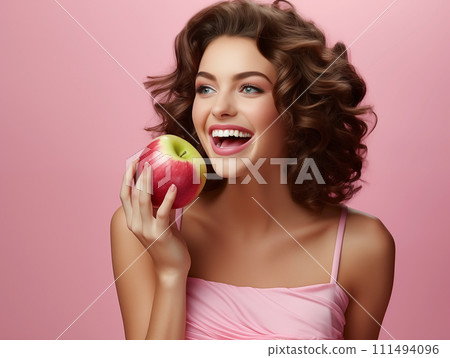A beautiful woman taking a bite form a crisp green apple with isolated on a pink background. The concept of happiness, healthy food choice and weight loss. Generative AI. 111494096