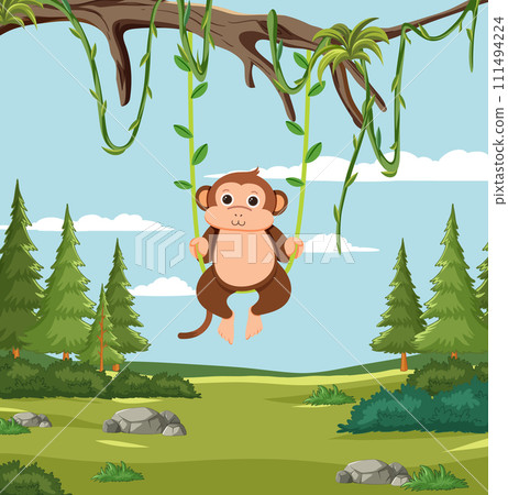 Playful Monkey Swinging in the Forest 111494224