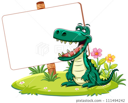 Cheerful Crocodile with Blank Sign 111494242