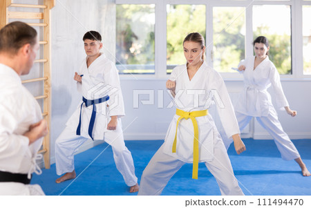 Group of people training karate technique 111494470
