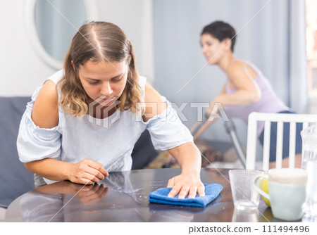 Young female couple cleaning living room together 111494496