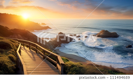Empty wooden walkway on the ocean coast in the sunset time, pathway to beach, Generative AI 111494689