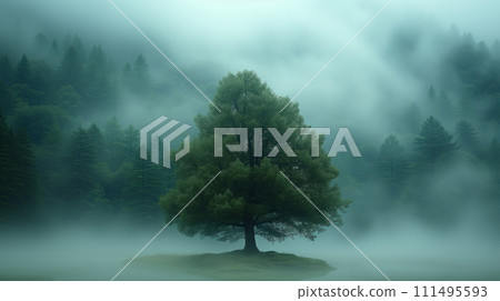 一棵樹站在霧中 AI 產生的影像 111495593
