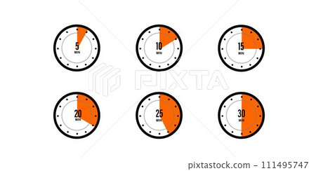 Timer, clock, stopwatch isolated set icons. 5, 10, 15, 20, 25, 30 min. Label cooking time. Vector illustration Timer, clock, stopwatch isolated set icons. 5, 10, 15, 20, 25, 30 min. Label cooking time. Vector illustration 111495747