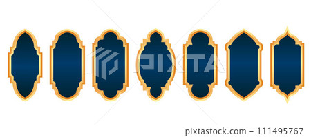 Ramadan golden frame. Islamic window shape. Arabic vector arch. Muslim vintage border for design. Indian decoration in oriental style. 111495767