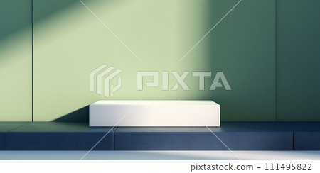 抽像水平模板，帶有方形白色展示架和淺黃綠色背景上的深藍色支架。 AI生成影像 111495822