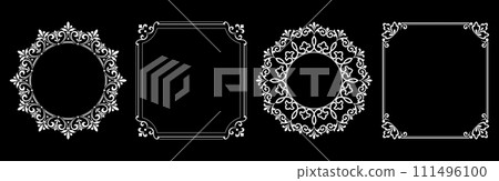 Set of decorative frames Elegant vector element for design in Eastern style, place for text. Floral black and white borders. Lace illustration for invitations and greeting cards. 111496100