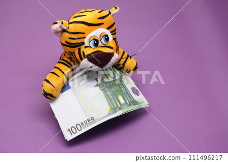 New Year tiger cub on a purple isolated background. The tiger is  very beautiful and graceful animal 111496217