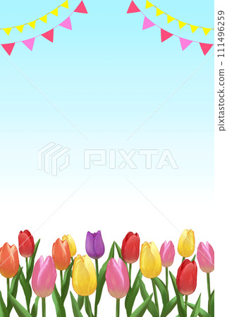 Tulips, blue sky and garland frame background vertical Tulips, blue sky and garland frame background vertical 111496259