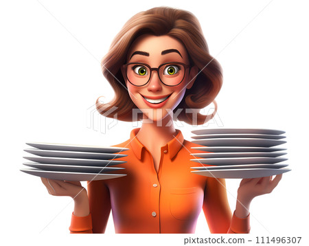 A woman with many plates (3D illustration) 111496307
