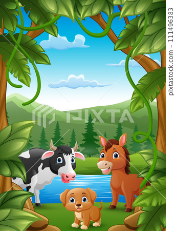 Cute farm animals cartoon in the jungle Cute farm animals cartoon in the jungle 111496383