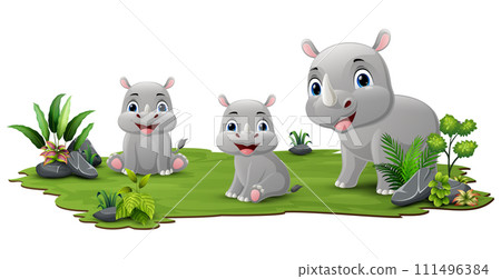 Cute family rhinos cartoon in the grass Cute family rhinos cartoon in the grass 111496384
