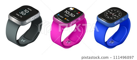 Smart watch. Isometric 3D smartwatch. Electronic bit clock on wrist bracelet. Mobile gadget. Chronometer dial. Accessory screen. Timer technology. Render timepiece. Vector objects set Smart watch. Isometric 3D smartwatch. Electronic bit clock on wrist bracelet. Mobile gadget. Chronometer dial. Accessory screen. Timer technology. Render timepiece. Vector objects set 111496897