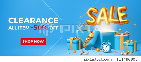 3D gift box. Shop sale. Clearance discount banner design. Anniversary shopping promotion. Purchase bag. Gold confetti or foil inflatable balloons. Special offer percent. Vector background 3D gift box. Shop sale. Clearance discount banner design. Anniversary shopping promotion. Purchase bag. Gold confetti or foil inflatable balloons. Special offer percent. Vector background 111496903