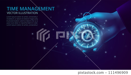 Digital clock. Low poly watch. Time management. Clockwork technology for business. Polygon timepiece in hand. 3D wireframe. Blue light chronometer. Accuracy stopwatch. Vector background Digital clock. Low poly watch. Time management. Clockwork technology for business. Polygon timepiece in hand. 3D wireframe. Blue light chronometer. Accuracy stopwatch. Vector background 111496909