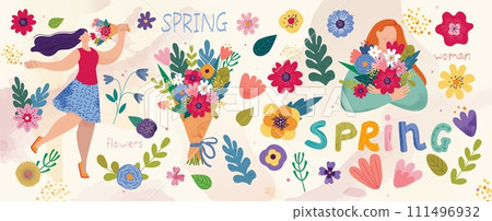 Woman day. Watercolor flower art bouquet from floral spring garden, summer happy women with people with blossoms, bud and gift. 8 march. Cartoon flat isolated illustration. Vector background Woman day. Watercolor flower art bouquet from floral spring garden, summer happy women with people with blossoms, bud and gift. 8 march. Cartoon flat isolated illustration. Vector background 111496932