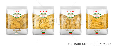 Pasta package. Realistic farfelle or ruoty bag mockup. Macaroni plastic packaging. Italian food. Conchiglie and capellini wrapper. Transparent cellophane frame. Vector products packs set Pasta package. Realistic farfelle or ruoty bag mockup. Macaroni plastic packaging. Italian food. Conchiglie and capellini wrapper. Transparent cellophane frame. Vector products packs set 111496942