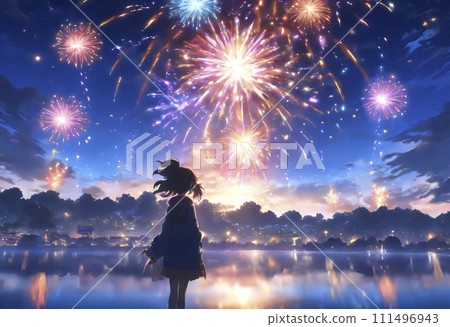 A fireworks display with a silhouette of a woman looking up at fireworks. AI images. A fireworks display with a silhouette of a woman looking up at fireworks. AI images. 111496943