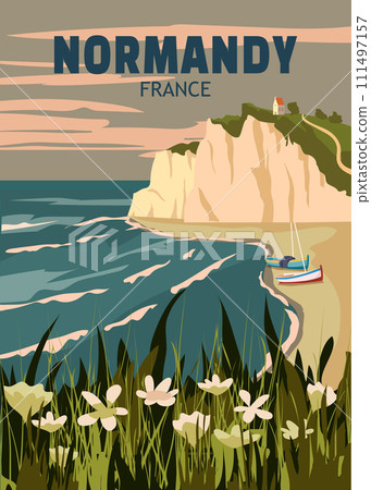 Travel poster Normandy France, vintage seascape rock cliff 111497157