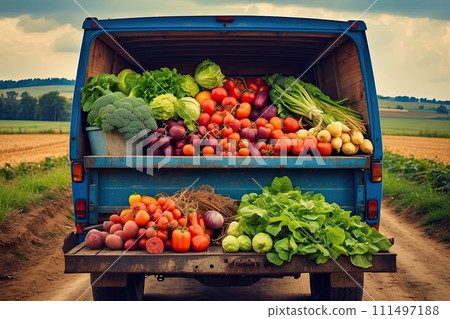 Old truck with an autumn harvest of vegetables and herbs on a plantation - a harvest festival, a roadside market selling natural eco-friendly farm products. AI generated 111497188