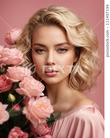 A young blonde woman with a hairstyle of spring flowers in her hair on a pink solid background. Feminine beauty portrait, makeup, hairstyle, stylist, feminine energy. AI generated 111497194