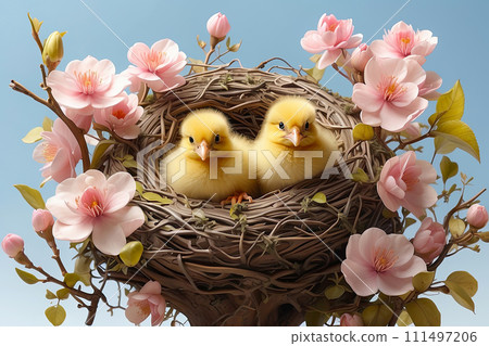 Cute fluffy yellow chicks in a spring blooming nest of twigs and flowers on a solid background. Spring card, spring time, children, childhood. AI generated 111497206